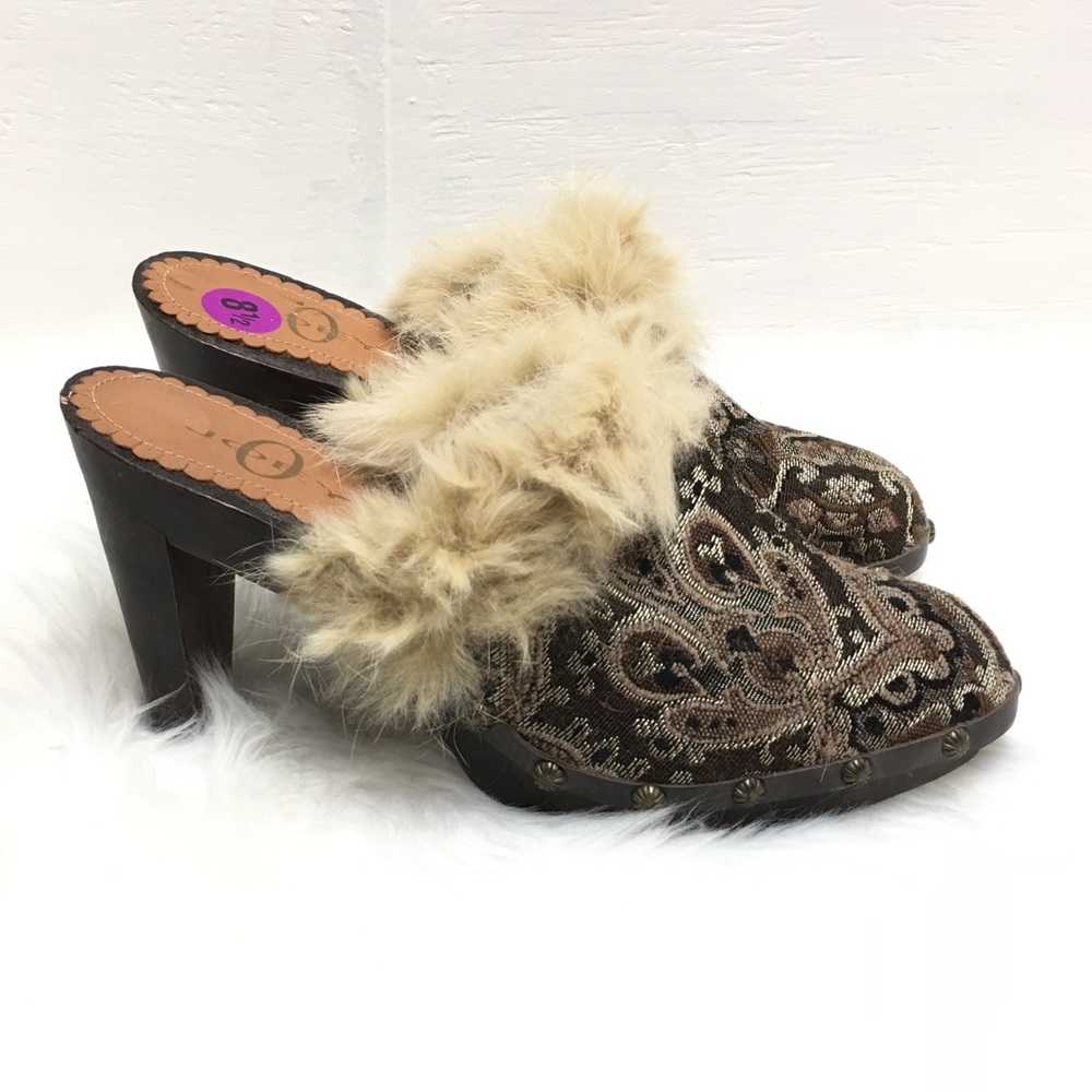 Joey Fur Wooden  Leather Studded Clogs 8.5